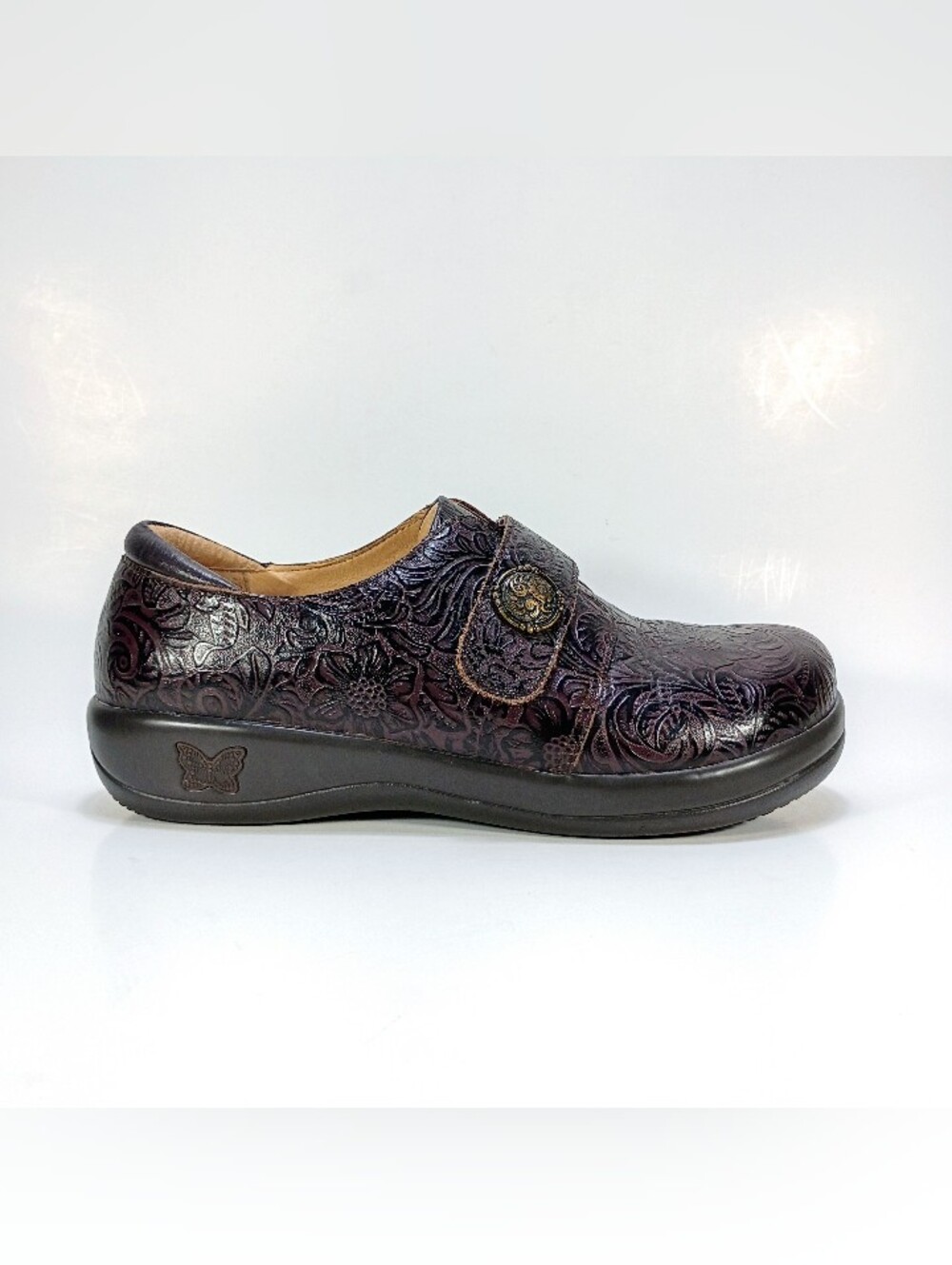 Alegria Joleen Womens 8 EU 38 Dark Purple And Black Leather Floral Print Clogs